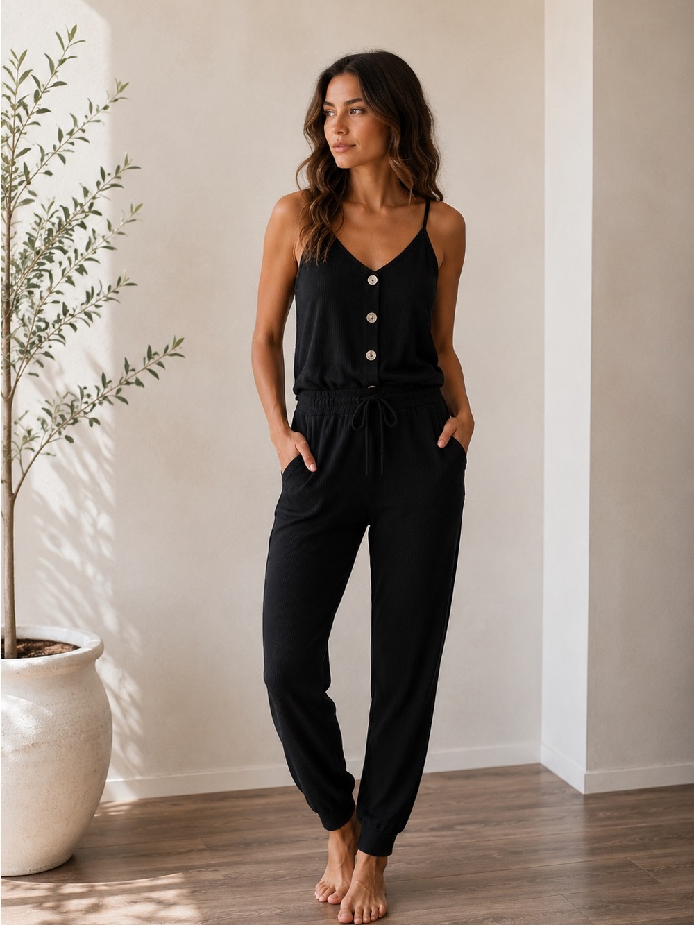 Fashion Nova Black Ribbed Button Front Wide Leg Jumpsuit